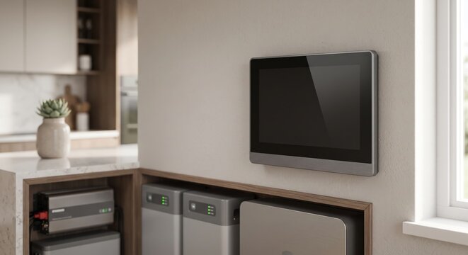 Smart home energy monitoring system display screen mounted on modern interior wall
