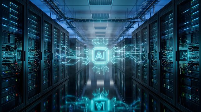 Holographic AI chip floating in a modern server room data center with blue glowing network lights