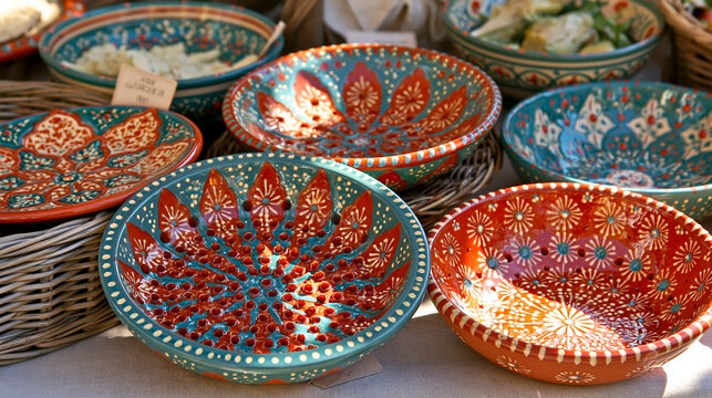 Ornate handmade ceramic pottery grater dish with provencal patterns at a stand in the Cours Saleya farmers market, Old Town of Nice, South of France.