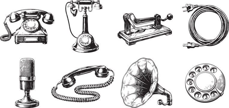 Vintage telecommunication equipment set with rotary dial desk phones antique transmitter coiled cord and brass gramophone horn.