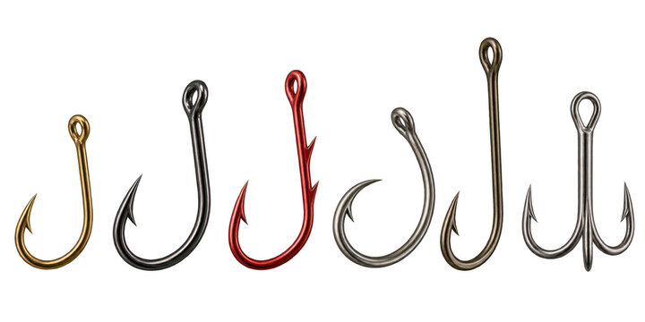 A collection of fishing hooks of various sizes and designs, including treble hooks and single hooks, presented against a clean background. , transparent background, AI generative