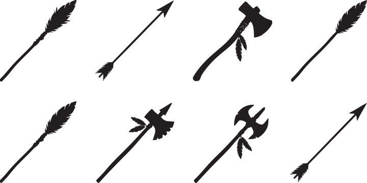 Tribal weapon collection including primitive arrows and sharp stone axes decorated with feathers for ancient hunting and war scenes.
