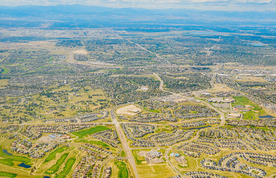 aerial view of Denver city, suburban, road, house and farm beautiful landscape