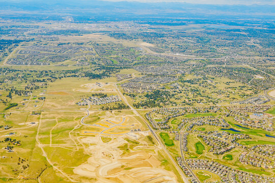 aerial view of Denver city, suburban, road, house and farm beautiful landscape