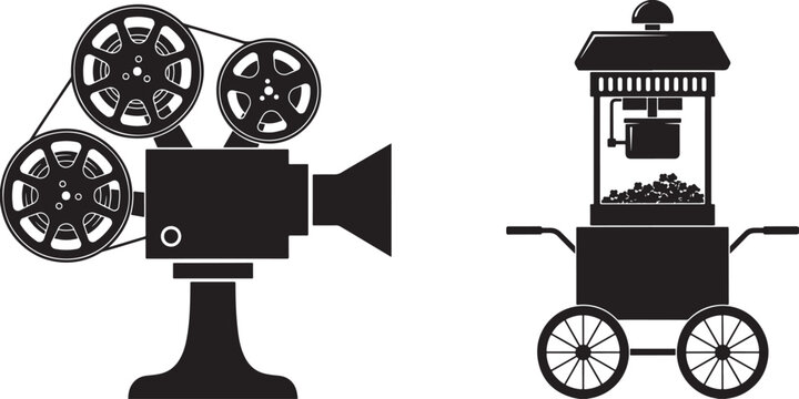 Vintage movie film camera with reels and classic popcorn machine for cinema entertainment and events.