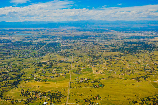 aerial view of Denver city, suburban, road, house and farm beautiful landscape