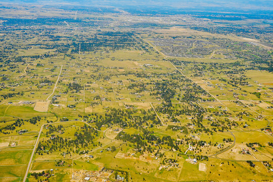 aerial view of Denver city, suburban, road, house and farm beautiful landscape