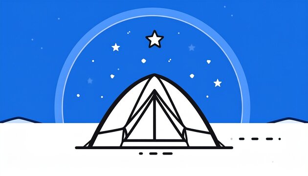 A minimalist vector illustration depicts a camping tent beneath a starry blue night sky.