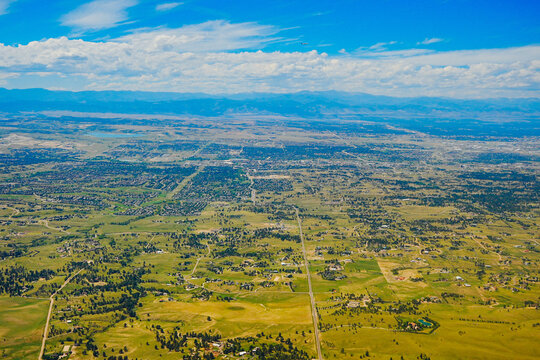 aerial view of Denver city, suburban, road, house and farm beautiful landscape