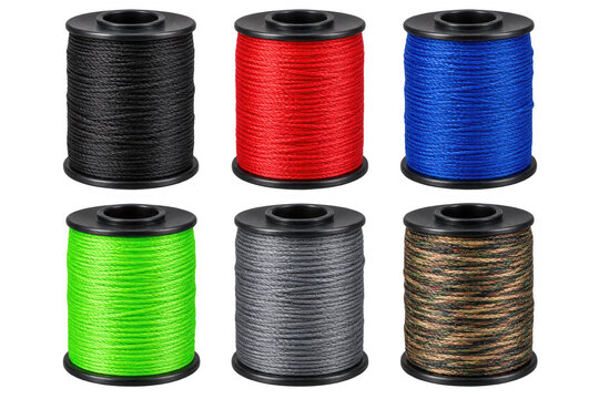 Six spools of thread in various colors, including black, red, blue, green, gray, and brown, arranged in a 2x3 grid , transparent background, AI generative