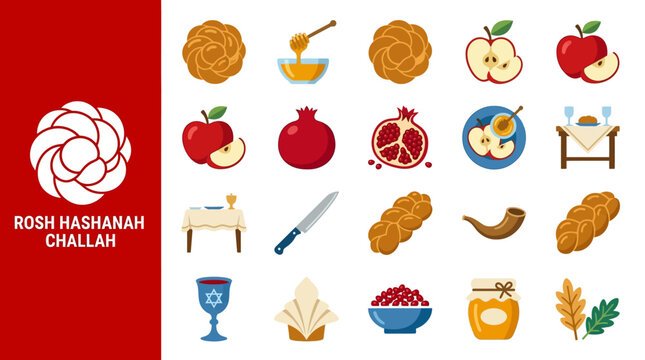 Jewish holiday rosh hashanah icon set with challah bread and honey