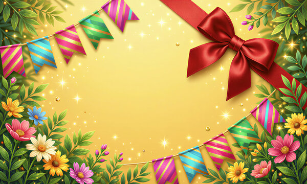 Colorful birthday illustration with pink, blue, green flags and red bow on yellow background surrounded by flowers.