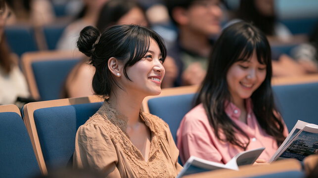 Two young Asian women smiling and reading a brochure together in an auditorium