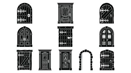 Obraz premium Black and white vector icon set of antique medieval doors and arches in flat design