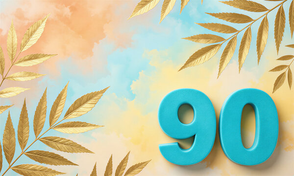A vibrant birthday illustration featuring a turquoise 90 against a warm, cloudy background adorned with golden leaves, celebrating a 90th birthday.