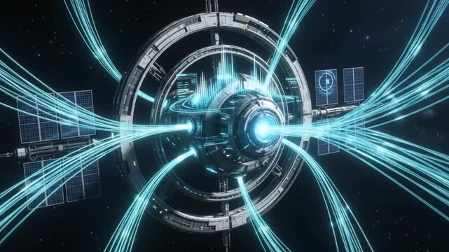 Futuristic space station and interplanetary data network with glowing energy transmission lines

