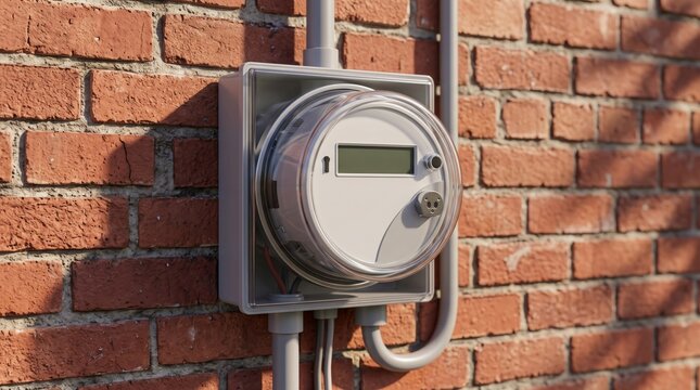 Smart meter installed on a red brick wall with electrical conduits and afternoon lighting