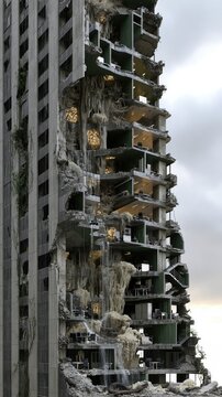 An abandoned, dilapidated skyscraper with its exterior partially collapsed, revealing the interior floors and structural damage. It stands as a stark symbol of urban decay and desolation