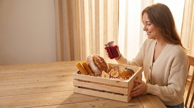 Unpacking artisan fruit preserves from wooden harvest gift hamper for holiday gourmet gift promo