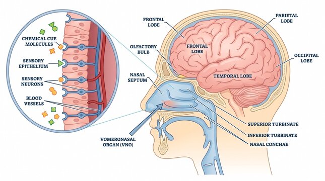 Human olfactory system and brain lobes anatomical diagram