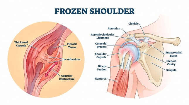 Frozen shoulder medical anatomy diagram showing joint inflammation
