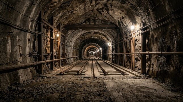 Abandoned Mine Tunnel with Old Wooden Tracks and Dim Lighting.
