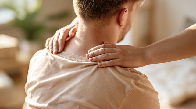 Hands massage the neck and shoulders of a seated person