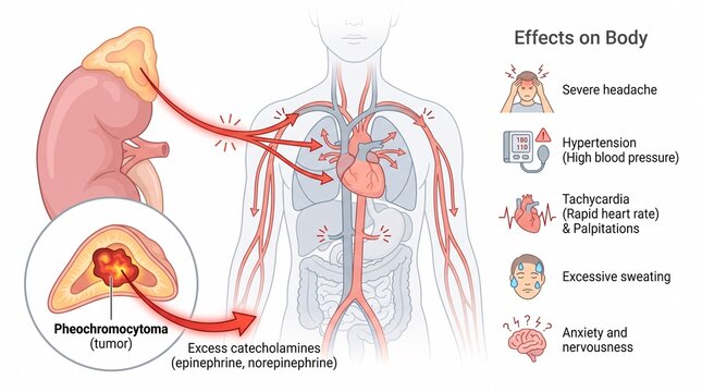 Medical illustration showing effects of pheochromocytoma on the body