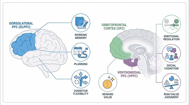 Human brain anatomy diagram showing prefrontal cortex functions