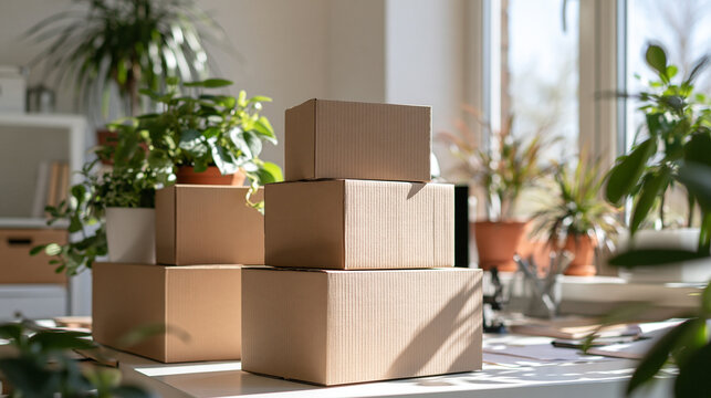 Cardboard boxes stack beside houseplants in a bright workspace
