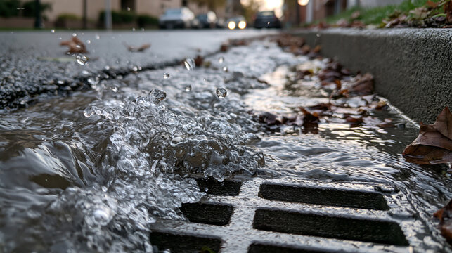Close view of a flooded gutter and drain grid
