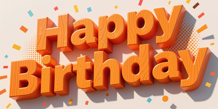 Vibrant orange wooden text celebrating a birthday, surrounded by colorful confetti and halftone dots on a beige background, in a festive and playful style.