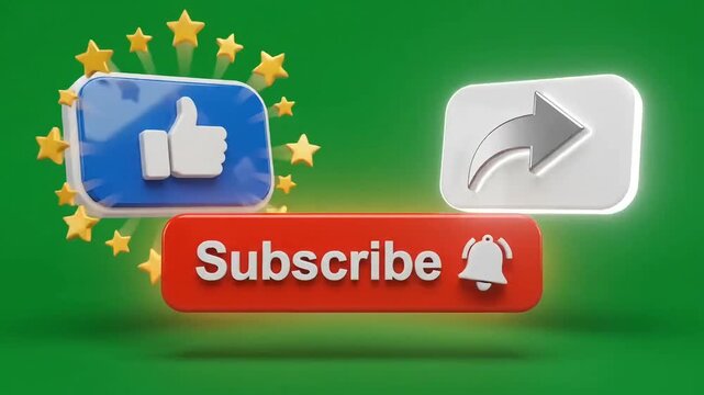 Like button, share icon, and subscribe button with notification bell spinning on green screen background video