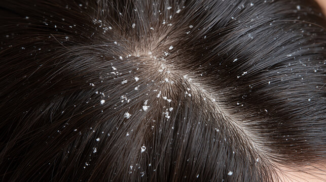 A magnified hair part shows dry scalp flakes