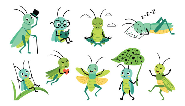 Cute cartoon grasshopper character vector illustration set featuring crickets reading sleeping flying meditating and holding big leaf umbrella