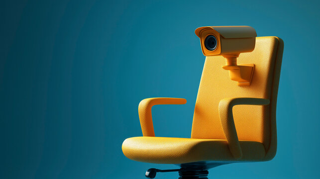 Yellow office chair with security camera head on blue background conceptual metaphor