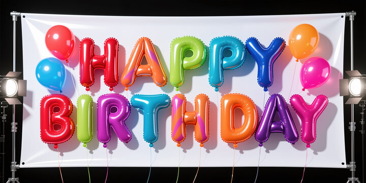 Vibrant birthday balloons on a white banner, celebrating a special day with a festive and modern style, against a dark background with spotlights.