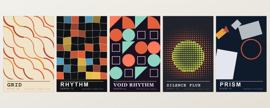 Five abstract posters featuring grid patterns, rhythmic shapes, void spaces, halftone dots, and geometric prisms on dark backgrounds