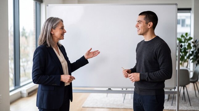 Two professionals, a woman and a man, are standing in front of a whiteboard, seemingly engaged in a discussion.