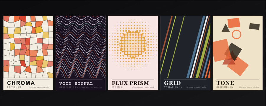 Five abstract posters titled chroma, void signal, flux prism, grid, and tone featuring geometric shapes, wave lines, and halftone patterns