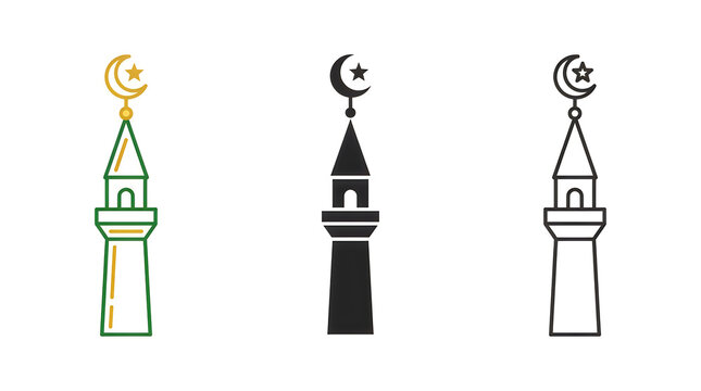 Three mosque minarets with crescent moon symbols