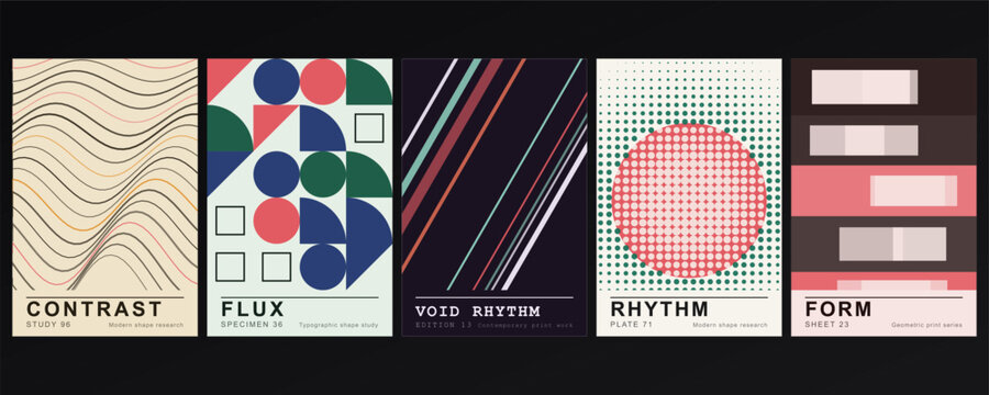 Five abstract posters titled contrast, flux, void rhythm, and form featuring geometric shapes, wave lines, and halftone patterns