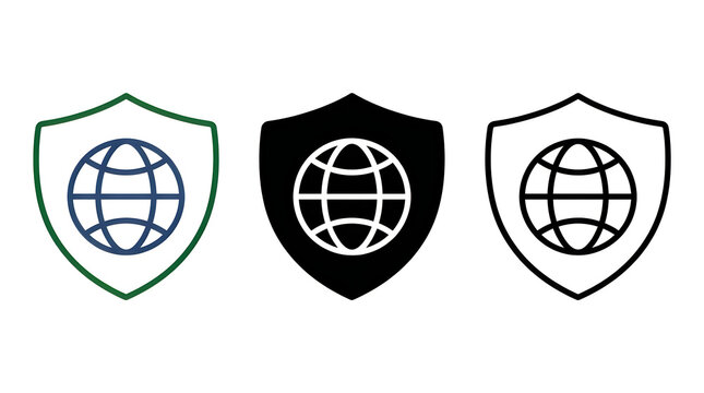 Three globe icons inside shields
