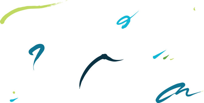 Collection of abstract blue and green paint brush strokes and ink splatters isolated on a white background, for artistic compositions