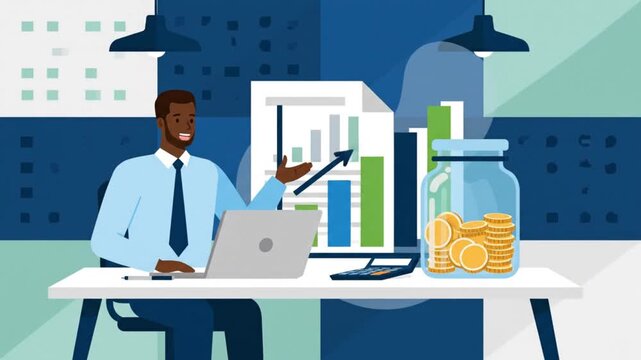 Businessman analyzing financial chart growth and saving coins in glass jar, business success and investment concept animation