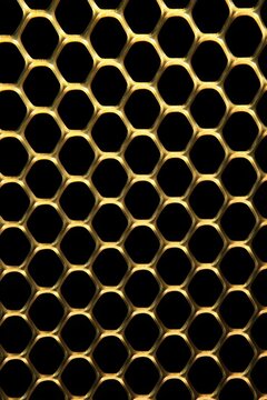 Closeup of a metallic gold honeycomb mesh texture pattern with hexagonal holes against a black background