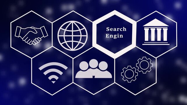 A businessman's hand selecting a Search Engine concept button on a futuristic computer screen