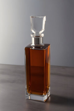 Blank luxury square glass decanter bottle with amber liquid and crystal stopper mockup