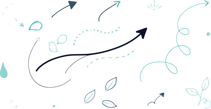 Collection of hand drawn arrows, leaves, swirls, and dotted lines in teal and dark blue on a white background for