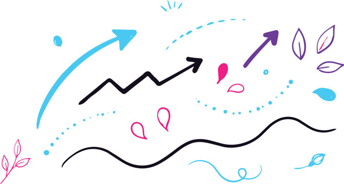 Collection of hand drawn arrows and abstract doodle in blue, black, and pink on a white background, for projects